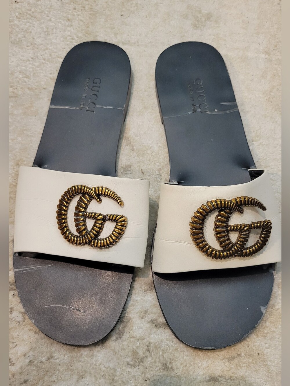 GUCCI Marmont Cream Leather Slide Sandals Antique Gold Double G Size 41 / 11